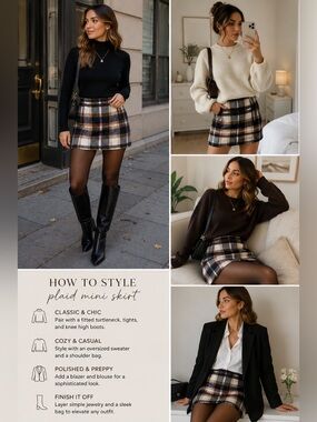 NWT Plaid Mini Skirt Brown Navy Cream Fall Preppy Size M